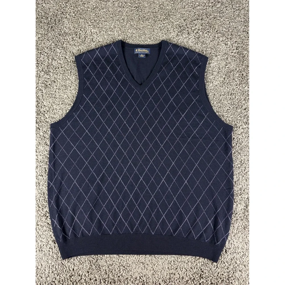 Brooks Brothers Mens XL Merino Wool Argyle Sweater Vest Navy Blue V-Neck